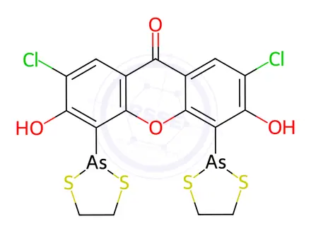 Chemical structure of 2,7-Dichloro-4,5-bis(1,3,2-dithiarsolan-2-yl)-3,6-dihydroxy-9H-xanthen-9-one