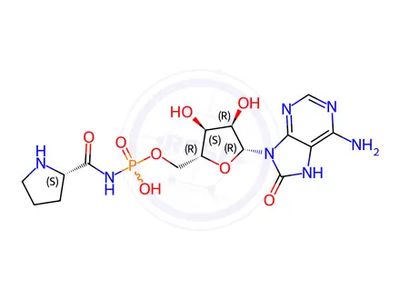 Chemical structure of Adenosine, 7,8-dihydro-8-oxo-, 5'-[hydrogen N-[(2S)-2-pyrrolidinylcarbonyl]phosphoramidate]