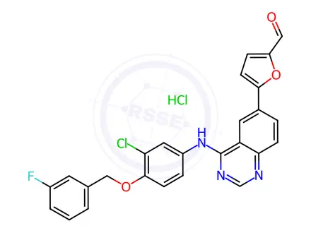 Chemical structure of 5-(4-((3-Chloro-4-((3-fluorobenzyl)oxy)phenyl)amino)-quinazolin-6-yl)furan-2-carbaldehyde hydrochloride