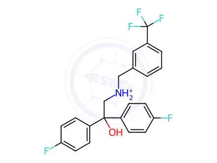 Chemical structure of 2,2-bis(4-fluorophenyl)-2-hydroxy-N-[3-(trifluoromethyl)benzyl]-1-ethanaminium chloride