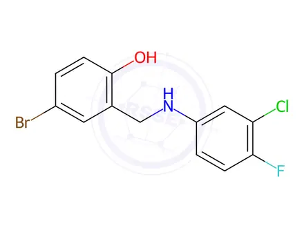 Chemical structure of 4-Bromo-2-(((3-chloro-4-fluorophenyl)amino)methyl)phenol