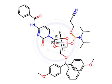Chemical structure of Cytidine, N-benzoyl-5'-O-[bis(4-methoxyphenyl)phenylmethyl]-2'-O,4'-C-methylene-, 3'-[2-cyanoethyl bis(1-methylethyl)phosphoramidite] (9CI)