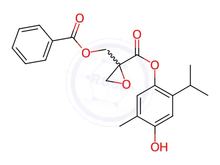 Chemical structure of 2-[(Benzoyloxy)methyl]-2-oxiranecarboxylic acid 4-hydroxy-2-isopropyl-5-methylphenyl ester