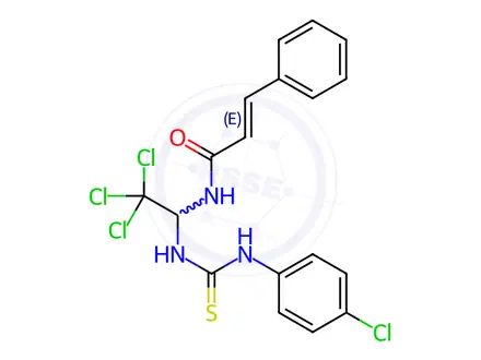 Chemical structure of (E)-1-(4-chlorophenyl)-3-(1,1,1-trichloro-4-oxo-6-phenylhex-5-en-2-yl)thiourea