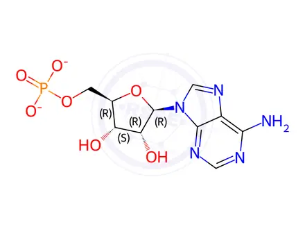 Chemical structure of Sodium ((2R,3S,4R,5R)-5-(6-amino-9H-purin-9-yl)-3,4-dihydroxytetrahydrofuran-2-yl)methyl phosphate hydrate