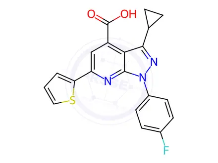 Chemical structure of 3-cyclopropyl-1-(4-fluorophenyl)-6-thien-2-yl-1H-pyrazolo[3,4-b]pyridine-4-carboxylic acid
