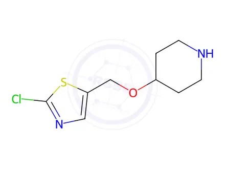 Chemical structure of 4-(2-Chloro-thiazol-5-ylMethoxy)-piperidine dihydrochloride, 98+% C9H15Cl3N2OS, MW: 305.65