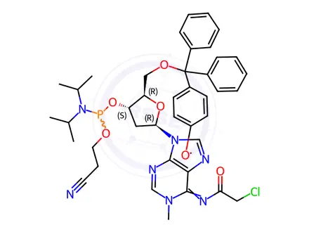 Chemical structure of Adenosine, N-(2-chloroacetyl)-2'-deoxy-5'-O-[(4-methoxyphenyl)diphenylmethyl]-1-methyl-, 3'-[2-cyanoethyl N,N-bis(1-methylethyl)phosphoramidite], (6Z)-