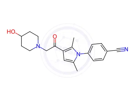 Chemical structure of Benzonitrile, 4-[3-[2-(4-hydroxy-1-piperidinyl)acetyl]-2,5-dimethyl-1H-pyrrol-1-yl]-