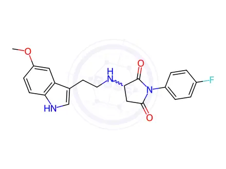 Chemical structure of 1-(4-Fluorophenyl)-3-((2-(5-methoxy-1H-indol-3-yl)ethyl)amino)pyrrolidine-2,5-dione