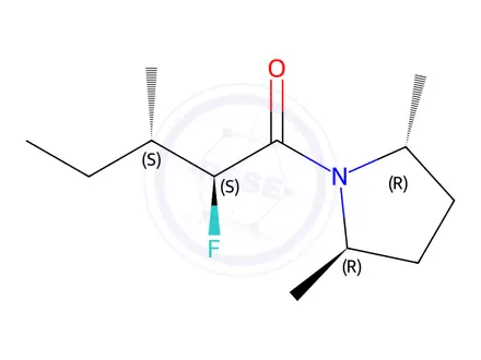 Chemical structure of Pyrrolidine, 1-(2-fluoro-3-methyl-1-oxopentyl)-2,5-dimethyl-, [2R-[1(2S*,3S*),2alpha,5beta]]-(9CI)