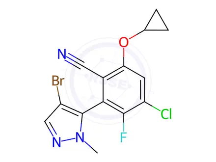 Chemical structure of Benzonitrile, 2-(4-bromo-1-methyl-1H-pyrazol-5-yl)-4-chloro-6-(cyclopropyloxy)-3-fluoro-