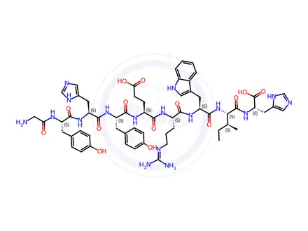 Chemical structure of (2S,5S,8S,11S,14S)-2-((1H-Imidazol-4-yl)methyl)-8-((1H-indol-3-yl)methyl)-14-((S)-2-((S)-2-((S)-2-(2-aminoacetamido)-3-(4-hydroxyphenyl)propanamido)-3-(1H-imidazol-4-yl)propanamido)-3-(4-hydroxyphenyl)propanamido)-5-((S)-sec-butyl)-11-(3-guanidinopropyl)-4,7,10,13-tetraoxo-3,6,9,12-tetraazaheptadecanedioic Acid