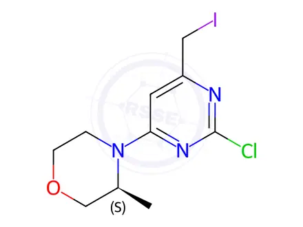 Chemical structure of (S)-4-(2-Chloro-6-(iodomethyl)pyrimidin-4-yl)-3-methylmorpholine, 97%