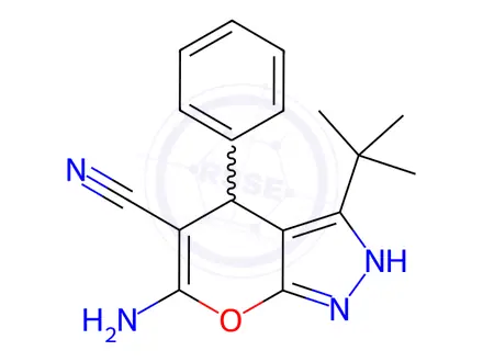 Chemical structure of 6-amino-3-tert-butyl-4-phenyl-1,4-dihydropyrano[2,3-c]pyrazole-5-carbonitrile