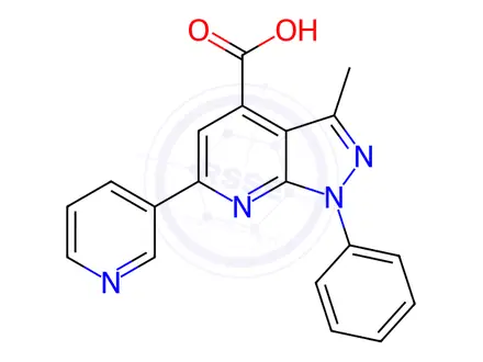 Chemical structure of 3-methyl-1-phenyl-6-pyridin-3-yl-1H-pyrazolo[3,4-b]pyridine-4-carboxylic acid