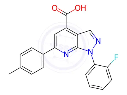 Chemical structure of 1-(2-fluorophenyl)-6-(4-methylphenyl)-1H-pyrazolo[3,4-b]pyridine-4-carboxylic acid