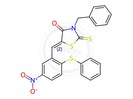 Chemical structure of (5Z)-3-Benzyl-5-{[5-nitro-2-(phenylsulfanyl)phenyl]methylidene}-2-sulfanylidene-1,3-thiazolidin-4-one