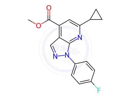 Chemical structure of methyl 6-cyclopropyl-1-(4-fluorophenyl)-1H-pyrazolo[3,4-b]pyridine-4-carboxylate