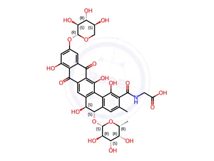 Chemical structure of Glycine, N-((5-((6-deoxy-beta-D-galactopyranosyl)oxy)-5,6,8,13-tetrahy dro-1,6,9,14-tetrahydro-3-methyl-8,13-dioxo-11-(beta-L-xylopyranosylox y)benzo(a)naphthacen-2-yl)carbonyl)-, (5S-trans)-
