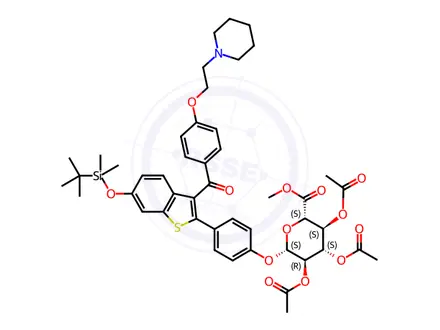 Chemical structure of Methyl-1-(6-tert-butyldimethylsylyl-4’-hydroxyraloxifene)-2,3,4-tri-O-acetyl-β-D-glycopyranuronate