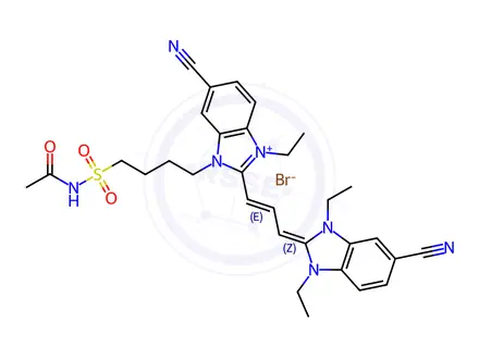 Chemical structure of 3-[4-[(acetylamino)sulphonyl]butyl]-5-cyano-2-[3-(5-cyano-1,3-diethyl-1,3-dihydro-2H-benzimidazol-2-ylidene)-1-propenyl]-1-ethyl-1H-benzimidazolium bromide
