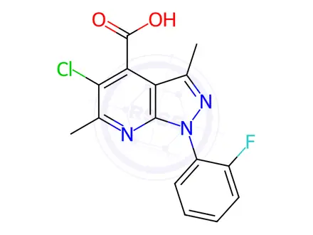 Chemical structure of 5-chloro-1-(2-fluorophenyl)-3,6-dimethyl-1H-pyrazolo[3,4-b]pyridine-4-carboxylic acid