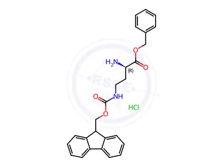 Chemical structure of Butanoic acid, 2-amino-4-[[(9H-fluoren-9-ylmethoxy)carbonyl]amino]-, phenylmethyl ester, hydrochloride (1:1), (2R)-