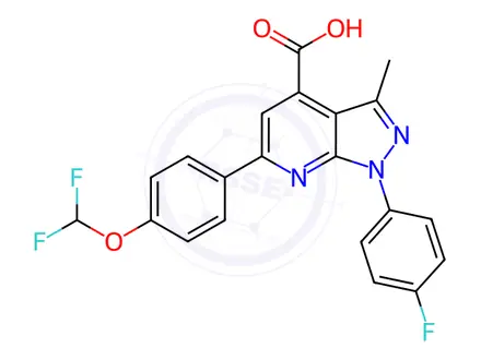 Chemical structure of 6-[4-(difluoromethoxy)phenyl]-1-(4-fluorophenyl)-3-methyl-1H-pyrazolo[3,4-b]pyridine-4-carboxylic acid