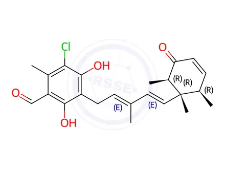 Chemical structure of Benzaldehyde, 3-chloro-4,6-dihydroxy-2-methyl-5-[(2E,4E)-3-methyl-5-[(1S,2R,6R)-1,2,6-trimethyl-5-oxo-3-cyclohexen-1-yl]-2,4-pentadien-1-yl]-