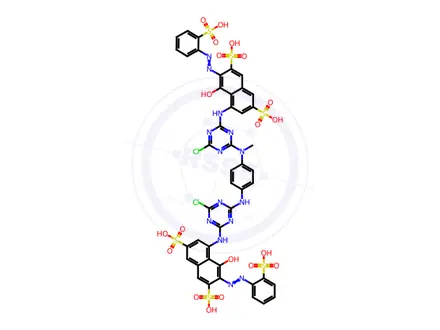Chemical structure of 2,7-Naphthalenedisulfonic acid, 5-4-chloro-6-4-4-chloro-6-8-hydroxy-3,6-disulfo-7-(2-sulfophenyl)azo-1-naphthalenylamino-1,3,5-triazin-2-ylaminophenylmethylamino-1,3,5-triazin-2-ylamino-4-hydroxy-3-(2-sulfophenyl)azo-, potassium sodium salt