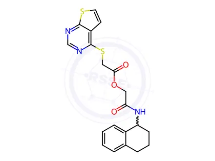 Chemical structure of Acetic acid, 2-(thieno[2,3-d]pyrimidin-4-ylthio)-, 2-oxo-2-[(1,2,3,4-tetrahydro-1-naphthalenyl)amino]ethyl ester