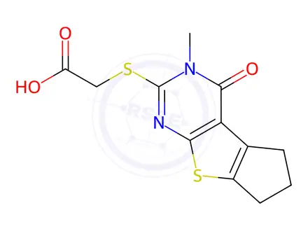 Chemical structure of (5-Methyl-4-oxo-2,3,4,5-tetrahydro-1H-8-thia-5,7-diaza-cyclopenta[a]inden-6-ylsulfanyl)-acetic acid