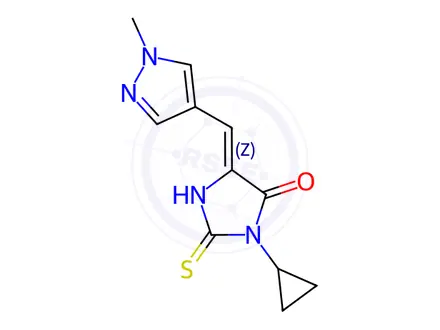 Chemical structure of (5Z)-3-cyclopropyl-5-[(1-methyl-1H-pyrazol-4-yl)methylene]-2-thioxoimidazolidin-4-one