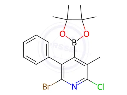 Chemical structure of 2-Bromo-6-chloro-5-methyl-3-phenyl-4-(4,4,5,5-tetramethyl-1,3,2-dioxaborolan-2-yl)pyridine