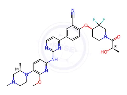 Chemical structure of Benzonitrile, 2-[[3,3-difluoro-1-[(2R)-2-hydroxy-1-oxopropyl]-4-piperidinyl]oxy]-5-[2-[[5-[(2R)-2,4-dimethyl-1-piperazinyl]-6-methoxy-2-pyridinyl]amino]-4-pyrimidinyl]-
