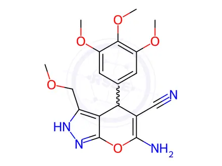 Chemical structure of 6-amino-3-(methoxymethyl)-4-(3,4,5-trimethoxyphenyl)-1,4-dihydropyrano[2,3-c]pyrazole-5-carbonitrile