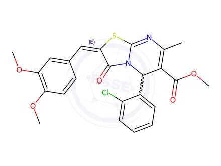 Chemical structure of methyl 5-(2-chlorophenyl)-2-(3,4-dimethoxybenzylidene)-7-methyl-3-oxo-2,3-dihydro-5H-[1,3]thiazolo[3,2-a]pyrimidine-6-carboxylate