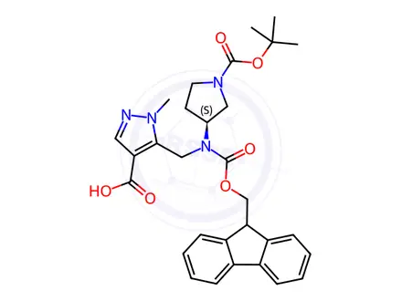 Chemical structure of 5-({[(3S)-1-[(tert-butoxy)carbonyl]pyrrolidin-3-yl]({[ (9H-fluoren-9-yl)methoxy]carbonyl})amino}methyl)-1-methyl-1H-pyrazole-4-carboxylic acid