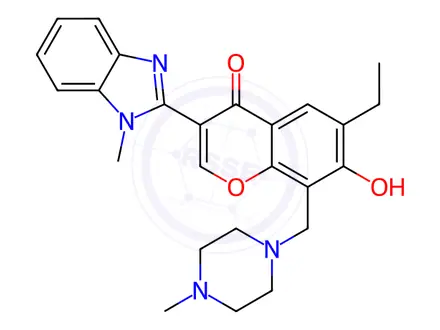 Chemical structure of 6-ethyl-7-hydroxy-3-(1-methyl-1H-benzo[d]imidazol-2-yl)-8-((4-methylpiperazin-1-yl)methyl)-4H-chromen-4-one