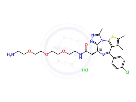 Chemical structure of (S)-N-(2-(2-(2-(2-aminoethoxy)ethoxy)ethoxy)ethyl)-2-(4-(4-chlorophenyl)-2,3,9-trimethyl-6H-thieno[3,2-f][1,2,4]triazolo[4,3-a][1,4]diazepin-6-yl)acetamide hydrochloride