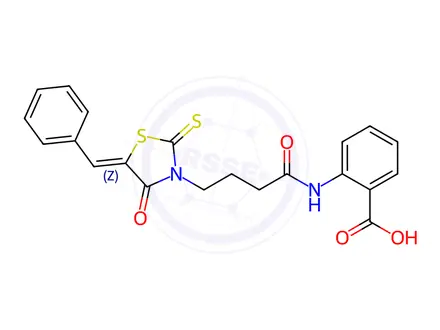 Chemical structure of (Z)-2-(4-(5-benzylidene-4-oxo-2-thioxothiazolidin-3-yl)butanamido)benzoic acid