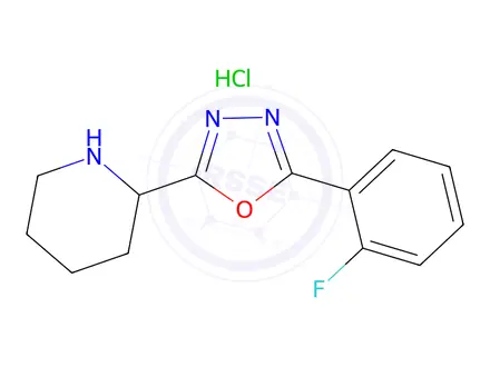 Chemical structure of 2-[5-(2-fluorophenyl)-1,3,4-oxadiazol-2-yl]piperidine hydrochloride
