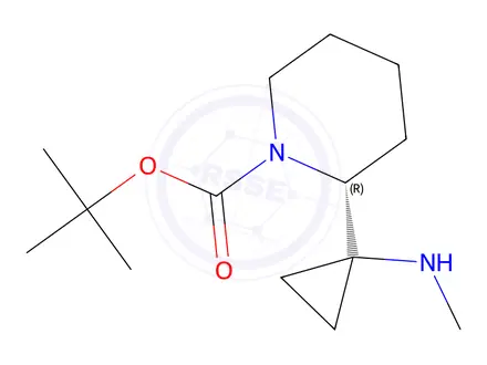 Chemical structure of Tert-butyl (R)-2-(1-(methylamino)cyclopropyl)piperidine-1-carboxylate