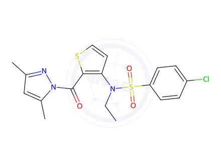 Chemical structure of 4-Chloro-N-(2-(3,5-dimethyl-1H-pyrazole-1-carbonyl)thiophen-3-yl)-N-ethylbenzenesulfonamide