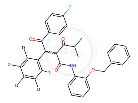 Chemical structure of 2-[2-(4-Fluorophenyl)-2-oxo-1-phenyl-d5-ethyl]-4-methyl-3-oxo-pentanoic Acid, (2-Benzyloxy-phenyl)-amide