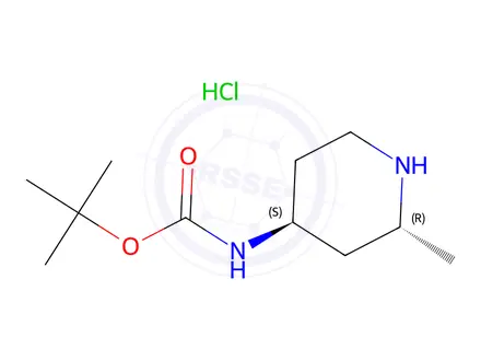Chemical structure of (2R,4S)-(2-Methyl-piperidin-4-yl)-carbamic acid tert-butyl ester hydrochloride