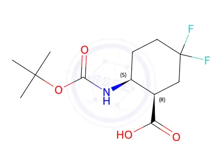 Chemical structure of (1R,2S)-2-((tert-butoxycarbonyl)amino)-5,5-difluorocyclohexane-1-carboxylic acid