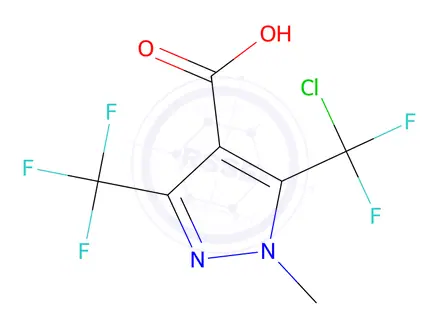 Chemical structure of 5-(chlorodifluoromethyl)-1-methyl-3-(trifluoromethyl)-1H-pyrazole-4-carboxylic acid