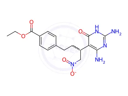 Chemical structure of 4-[3-(2,4-diamino-6-oxo-1,6-dihydropyrimidin-5-yl)-4-nitrobutyl]benzoic acid ethyl ester